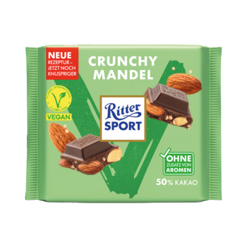 Ritter Sport Crunchy Mandel, vegan, 100g Produktbild, Vorderseite der Verpackung